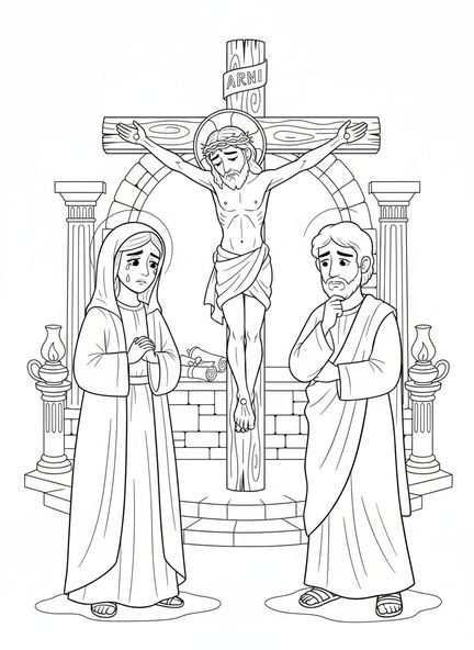 Maria e João perto da cruz, página para colorir da Crucificação Três Cruzes na Colina para crianças da Escola Dominical de 5 a 12 anos.