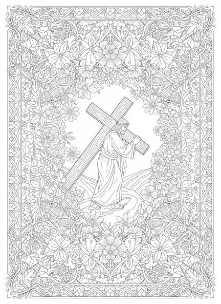 Jesus trägt das Kreuz, Ausmalbild zur Kreuzigung im Stil des Bibel-Journalings für Erwachsene