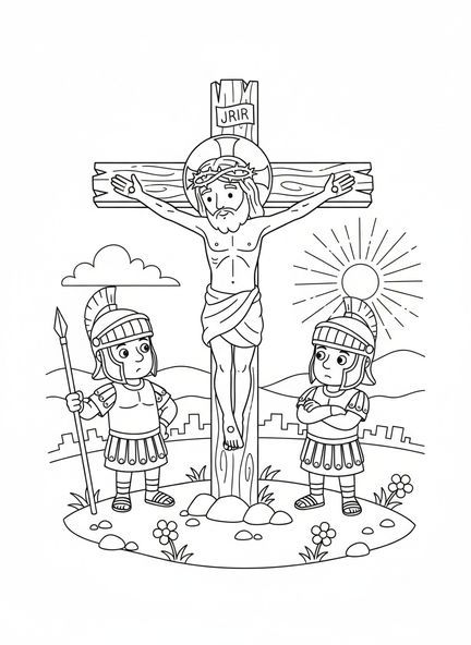 Jésus sur la croix, page à colorier de la crucifixion pour les enfants de 5 à 10 ans