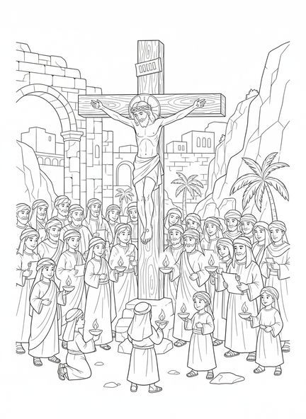 Foule de personnes, page à colorier sur la crucifixion pour les enfants de l'École du dimanche âgés de 5 à 12 ans