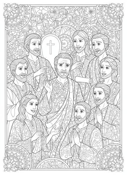 Thomas, der die Jünger befragt, Ausmalbild von dem zweifelnden Thomas im Stil des Bibel-Journaling für Erwachsene.