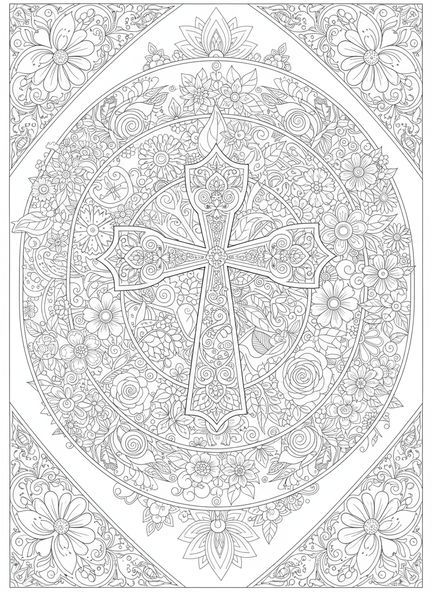 Cruz ornamentada, página para colorir da Cruz da Páscoa com flores no estilo de journaling bíblico para adultos.