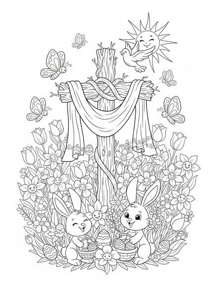 Osterkreuz umgeben von Blumen, Ausmalbild Osterkreuz mit Blumen für Kinder im Alter von 5-10 Jahren.