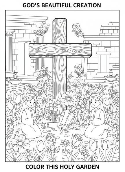 Großes Holzkreuz, Ausmalbild mit Osterblumen für Kinder in der Sonntagsschule im Alter von 5-12 Jahren.