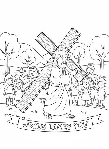 Jesus carregando uma cruz, página de colorir da Cruz da Páscoa para crianças de 5 a 10 anos.
