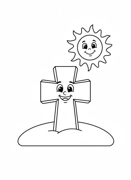 Cruz sonriente en una colina, página para colorear de la Cruz de Pascua para niños de 3 a 5 años