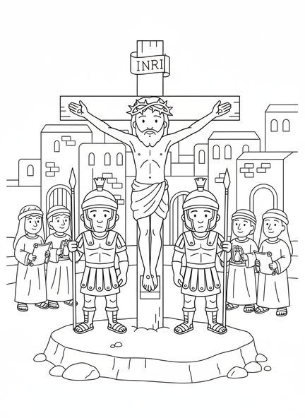 Jesus na cruz, página de colorir da Cruz da Páscoa para crianças da Escola Dominical de 5 a 12 anos.