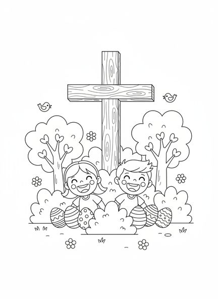 Zwei Kinder verstecken Eier, religiöse Ausmalbild zu Ostern für Kinder im Alter von 5-10 Jahren.