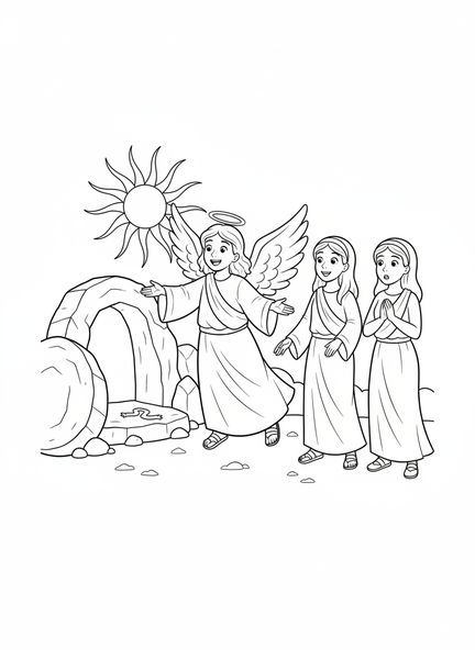 Ange avec des ailes parlant, page à colorier de Pâques pour les enfants de 5 à 10 ans.