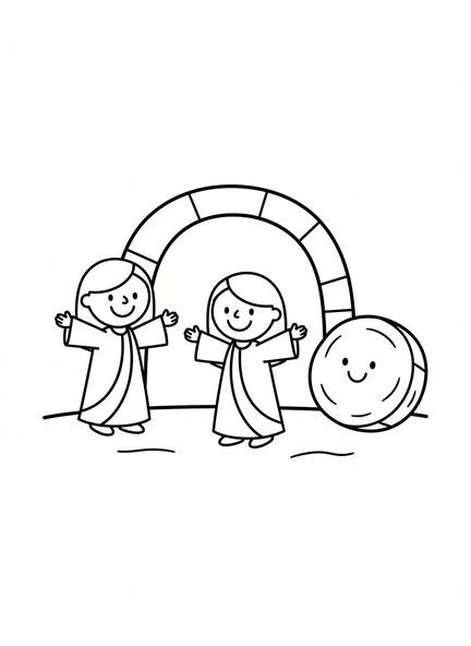 Deux femmes souriantes, page à colorier pour Pâques destinée aux enfants de 3 à 5 ans.