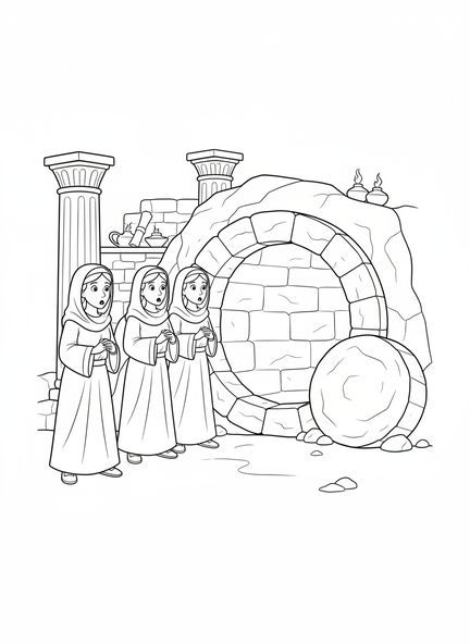 Trois femmes, page à colorier pour le Catéchisme le matin de Pâques, enfants de 5 à 12 ans.