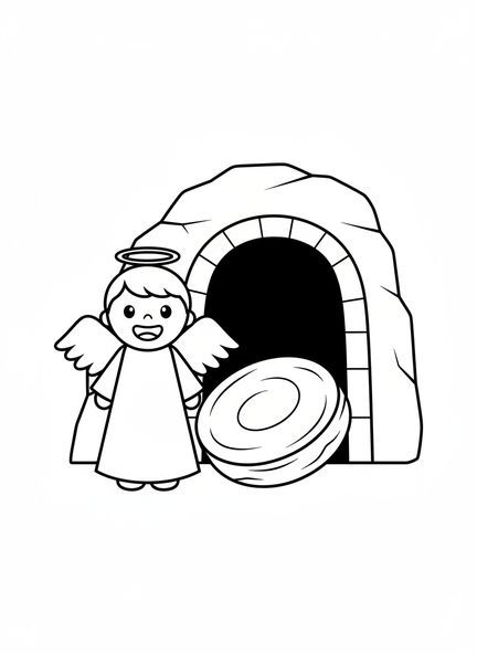 Ángel sonriente, página para colorear de la Resurrección de Pascua para niños de 3 a 5 años.