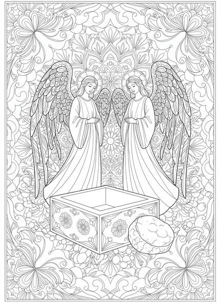 Dos ángeles en la entrada de la tumba, página para colorear del Domingo de Pascua para adultos en estilo de journaling bíblico.