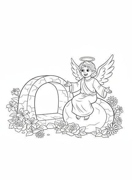 Engel sitzt auf dem weggerollten Stein, Ausmalbild für Ostersonntag für Kinder im Alter von 5-10 Jahren.