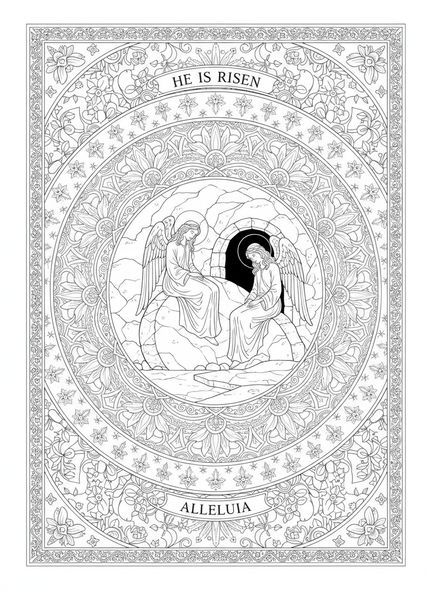 Deux anges au tombeau vide, page à colorier des disciples réjouis au tombeau vide pour le style de journalisation biblique pour adultes.