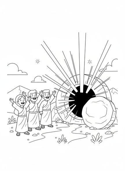 Pierre roulée, page à colorier de la tombe vide avec des disciples réjouis pour les enfants de 5 à 10 ans.