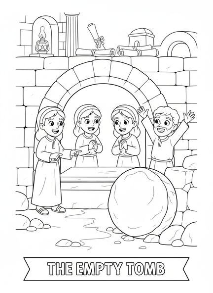 Trois disciples joyeux, page à colorier des disciples se réjouissant devant le tombeau vide pour les enfants de l'École du dimanche âgés de 5 à 12 ans.