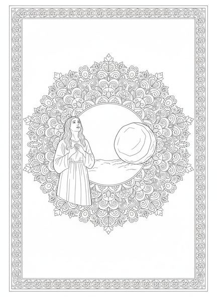 Túmulo aberto com a pedra removida, página para colorir do Túmulo Vazio com Jesus aparecendo para Maria Madalena no estilo de journaling bíblico para adultos