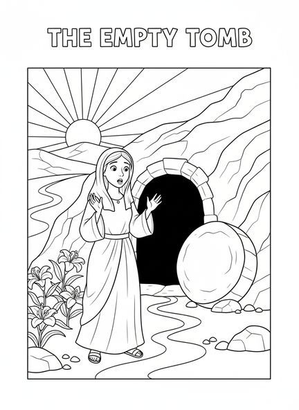 Maria Madalena, Túmulo Vazio Jesus Aparecendo para Maria Madalena página para colorir para crianças de 5 a 10 anos.
