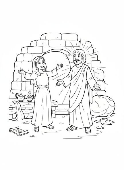 Maria Madalena se encontrando alegremente com Jesus, página para colorir do Túmulo Vazio com Jesus aparecendo para Maria Madalena para crianças da Escola Dominical de 5 a 12 anos.