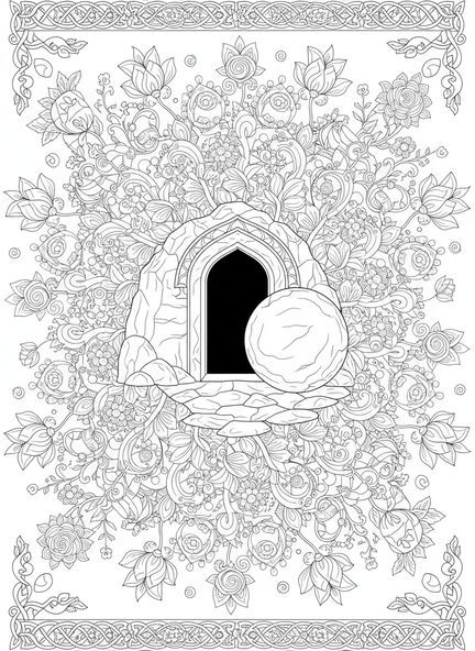 Entrada de tumba aberta, página de colorir da Tumba Vazia com a pedra rolada para adultos no estilo de journaling bíblico.