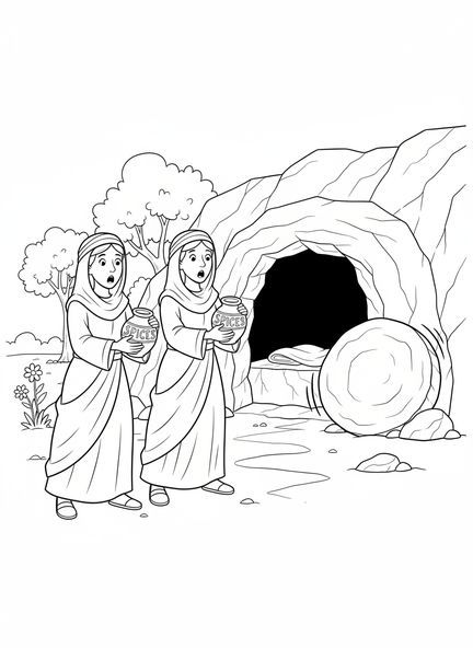 Duas mulheres em cartoon, página para colorir sobre as Mulheres do Túmulo Vazio para crianças de 5 a 10 anos