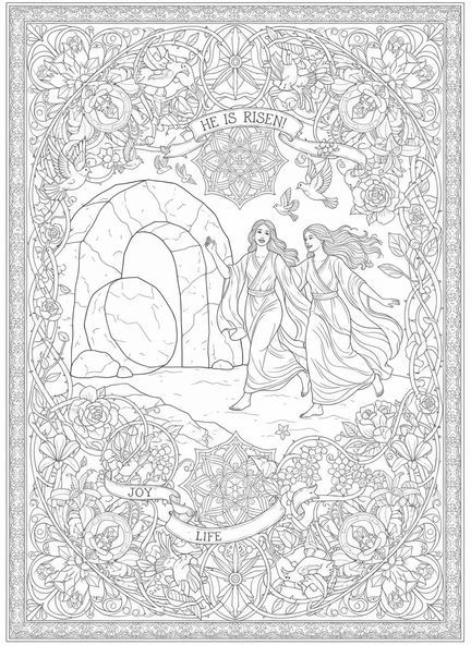 Zwei Frauen, die vom Grab fliehen, Ausmalbild für Erwachsene im Bibel-Journaling-Stil über die Frauen am leeren Grab, die zu den Jüngern eilen.