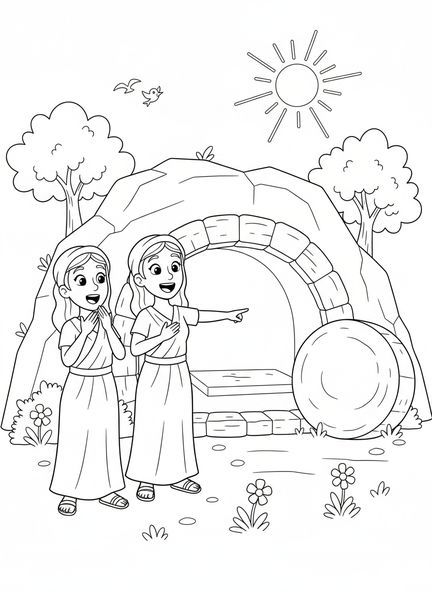 Zwei fröhliche Frauen, Frauen am leeren Grab, die zu den Jüngern laufen, Ausmalbild für Kinder im Alter von 5-10 Jahren