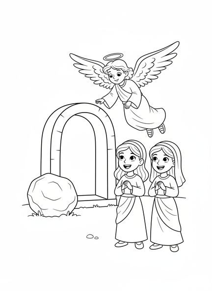 Deux femmes joyeuses, page à colorier du Tombeau Vide pour enfants de 5 à 10 ans