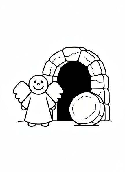 Lächelnder Engel, Ausmalbild vom leeren Grab für Vorschulkinder im Alter von 3-5 Jahren.