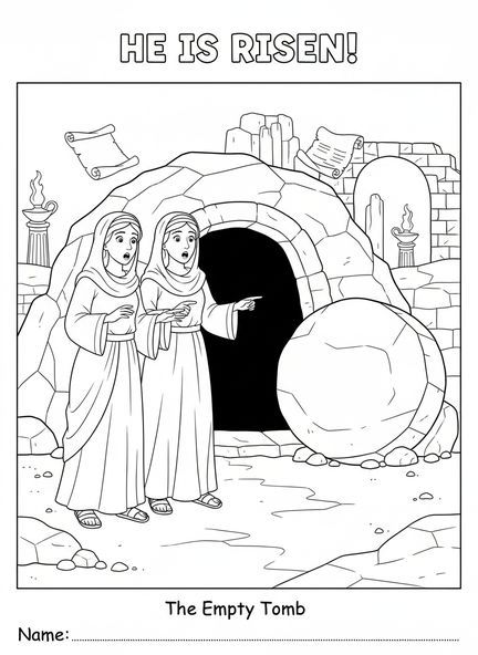 Deux femmes, page à colorier de la Tombe Vide pour les enfants de l'École du dimanche âgés de 5 à 12 ans.