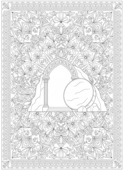 Tombe ouverte, page à colorier du Tombeau de jardin pour adultes dans un style de journal biblique