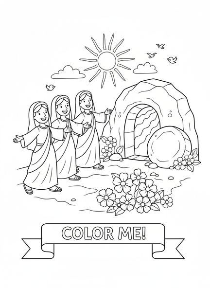 Tres mujeres felices, página para colorear del Jardín de la Tumba para niños de 5 a 10 años.