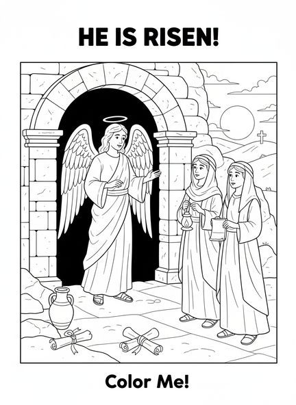 Un ange délivre un message, page à colorier du Tombeau de jardin pour les enfants de l'École du dimanche âgés de 5 à 12 ans