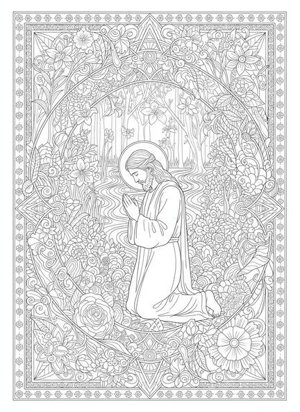 Jesus betet im Garten, Ausmalbild für Erwachsene im Stil des Bibeljournalings für Karfreitag.