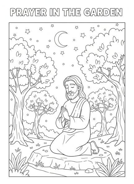 Jesus betet im Garten, Ausmalbild für Kinder im Alter von 5-10 Jahren zu Karfreitag.