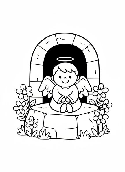 Ángel sonriente, página para colorear Él ha resucitado de verdad para niños en edad preescolar de 3 a 5 años