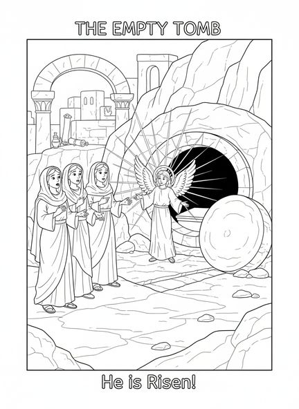 Trzy kobiety przy pustym grobie, kolorowanka He Is Risen Indeed dla dzieci w katechezie w wieku 5-12 lat