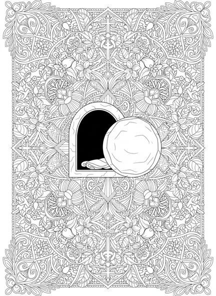 Túmulo aberto com a pedra removida, página de colorir Ele Ressuscitou para adultos no estilo de journaling bíblico.