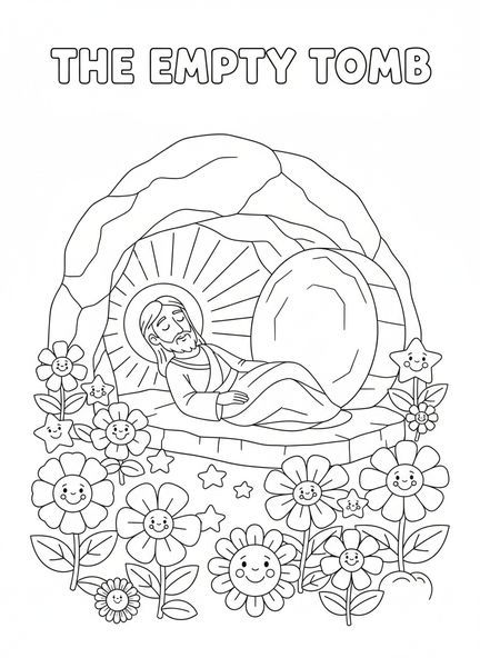 Jesús en la tumba, página para colorear de Jesús sepultado para niños de 5 a 10 años