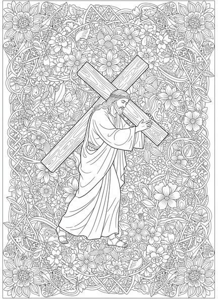 Jesus trägt das Kreuz, Ausmalbild Jesus trägt das Kreuz für Erwachsene im Stil des Bibel-Journalings.