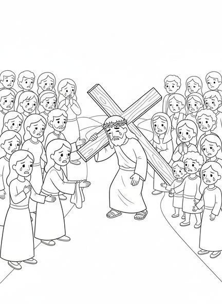 Multidão assistindo a Jesus, página para colorir Jesus Carregando a Cruz para crianças de 5 a 10 anos.