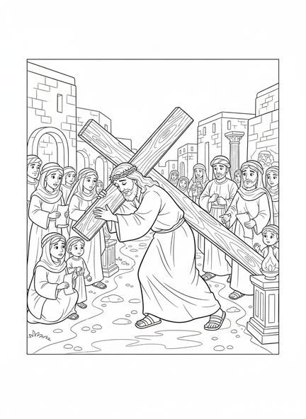 Jesus trägt ein Kreuz, Ausmalbild von Jesus, der das Kreuz trägt, für Kinder im Alter von 5-12 Jahren in der Sonntagsschule.