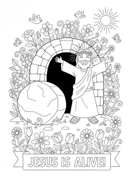 Jesus em pé do lado de fora do túmulo vazio, página de colorir da Ressurreição de Jesus para crianças de 5 a 10 anos.