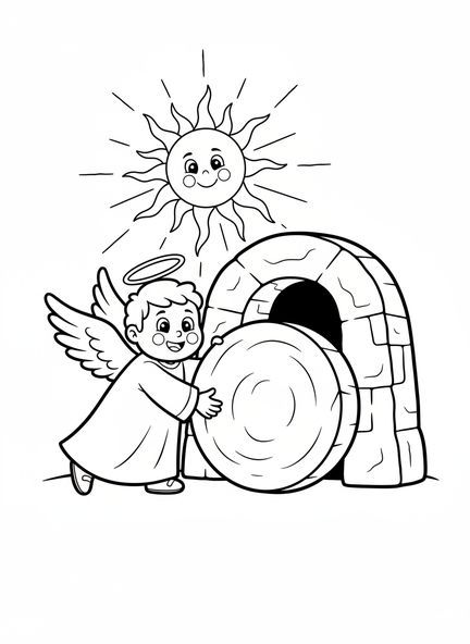 Ángel amigable, página para colorear de la Resurrección de Jesús para niños en edad preescolar de 3 a 5 años.