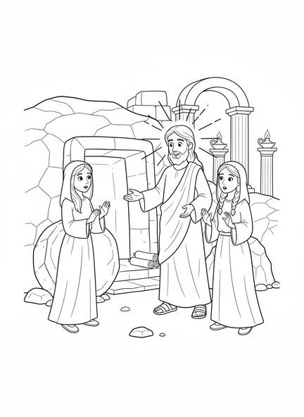 Jesus fora do túmulo aberto, página de colorir sobre a Ressurreição de Jesus para crianças da Escola Dominical de 5 a 12 anos.