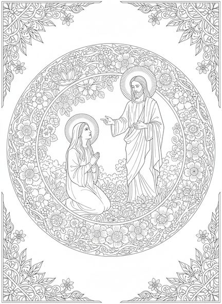 Marie à genoux, page à colorier Noli Me Tangere pour adultes dans le style du journal biblique