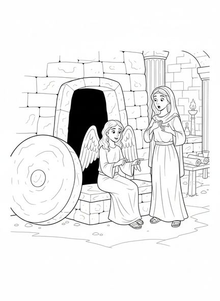 Marie Madeleine au tombeau vide, page à colorier Noli Me Tangere pour les enfants de l'École du dimanche âgés de 5 à 12 ans.
