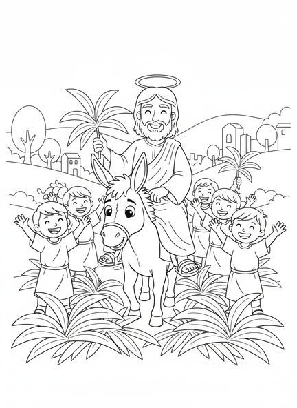 Jésus sur un âne, page à colorier pour le Dimanche des Rameaux, enfants de 5 à 10 ans