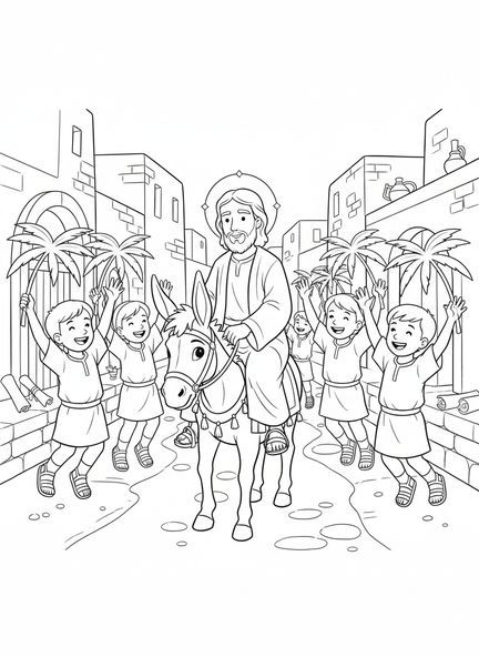 Jesus em um jumento, página de colorir para a Escola Dominical de crianças de 5 a 12 anos.